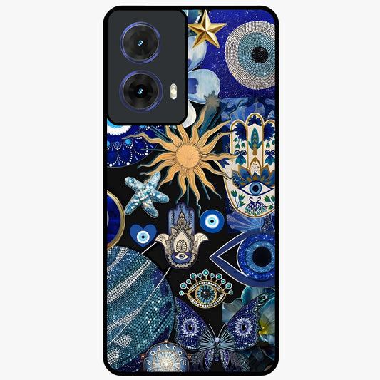 Evil Eye Charm Mix Glass Case showing flat back view with multiple evil eye charms artwork and glossy glass finish.