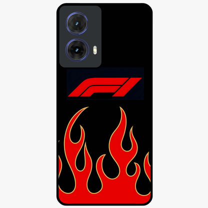 Fire F11 Glass Case showing flat back view with fiery themed artwork and glossy glass finish.