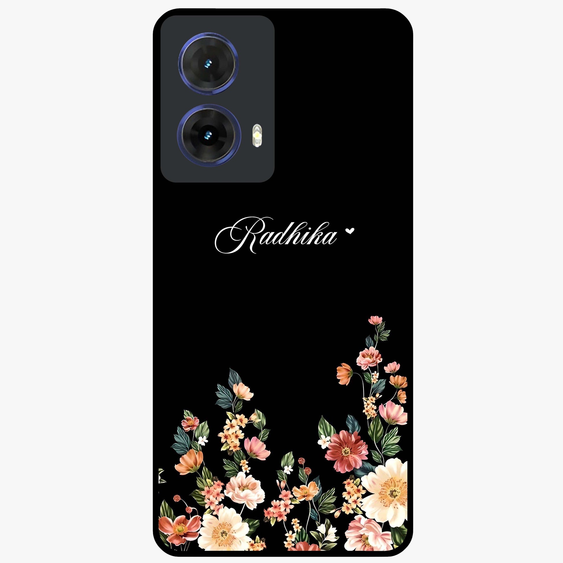 Floral Design With a Custom Personalized Name Glass Case showing flat back view with floral artwork and personalized name design.