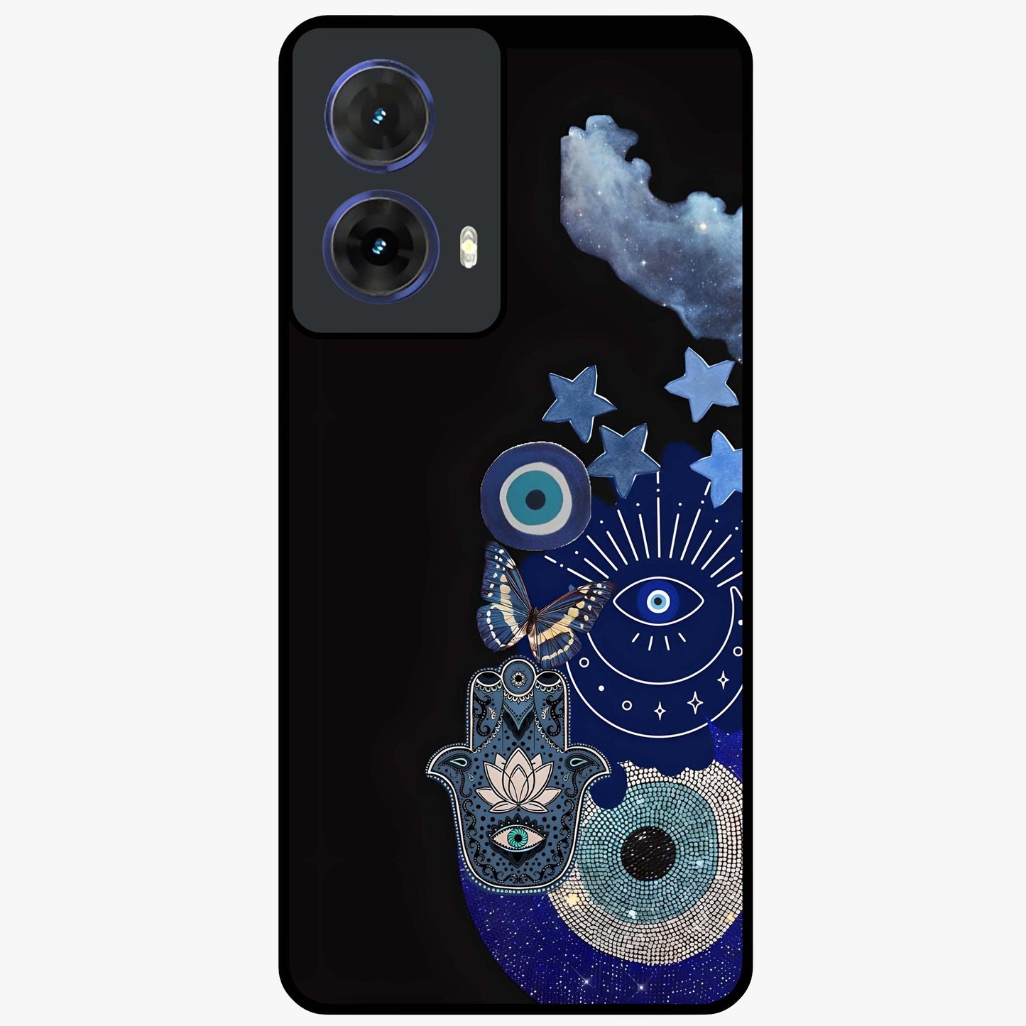 Galactic Charm Cluster Glass Case showing flat back view with glowing celestial charm artwork and glossy glass finish.