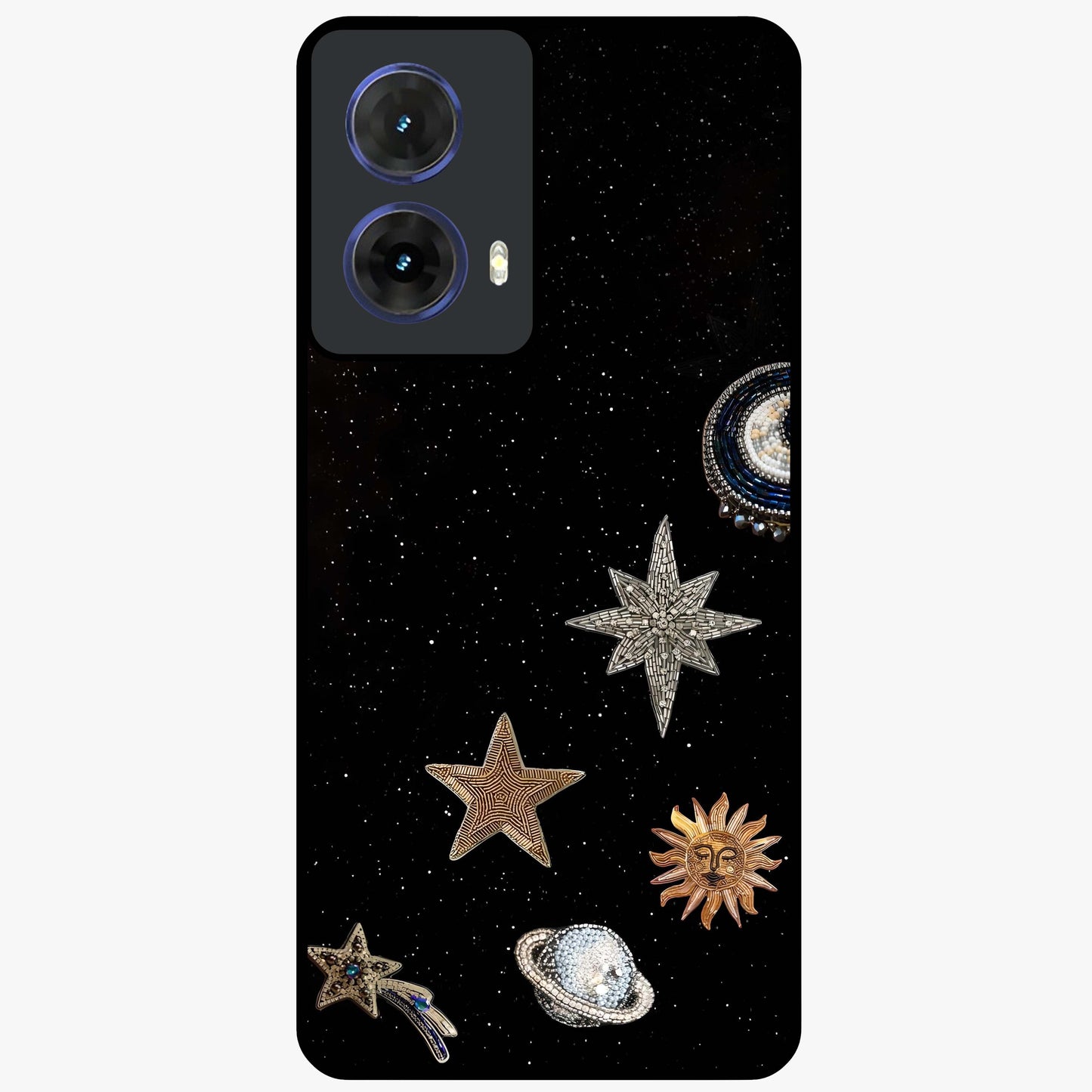 Galactic Charm Glow Glass Case showing flat back view with glowing celestial charm artwork and glossy glass finish.