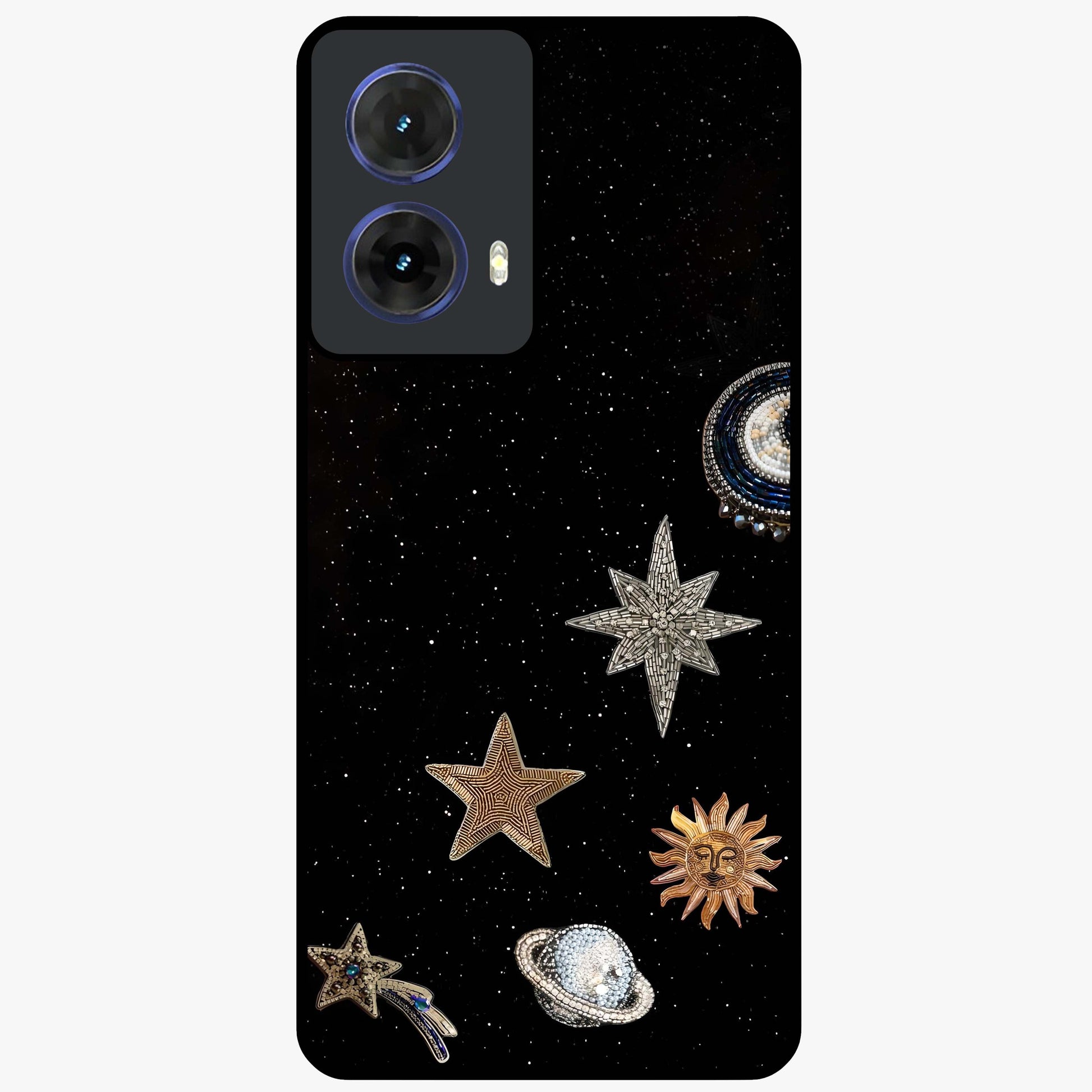 Galactic Charm Glow Glass Case showing flat back view with glowing celestial charm artwork and glossy glass finish.