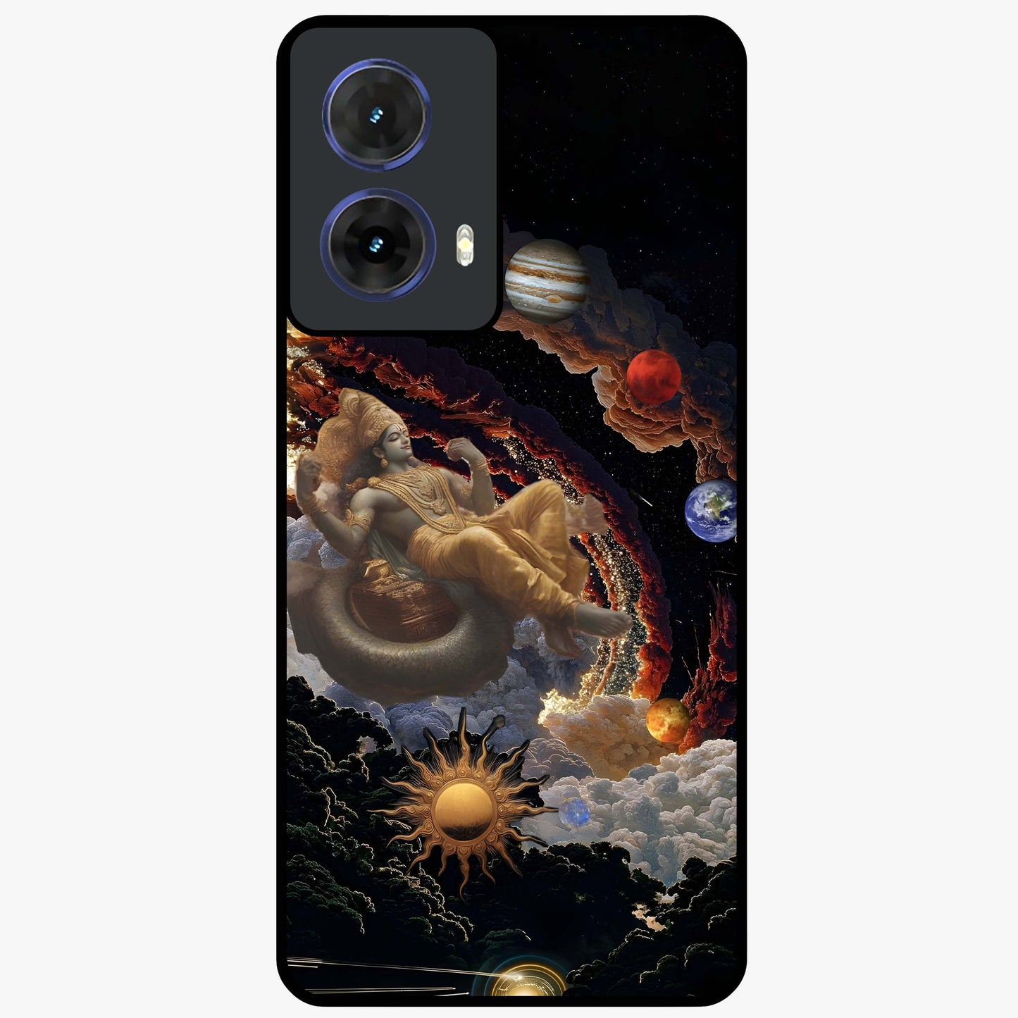 Galactic Divine God Glass Case showing flat back view with divine cosmic themed artwork and glossy glass finish.