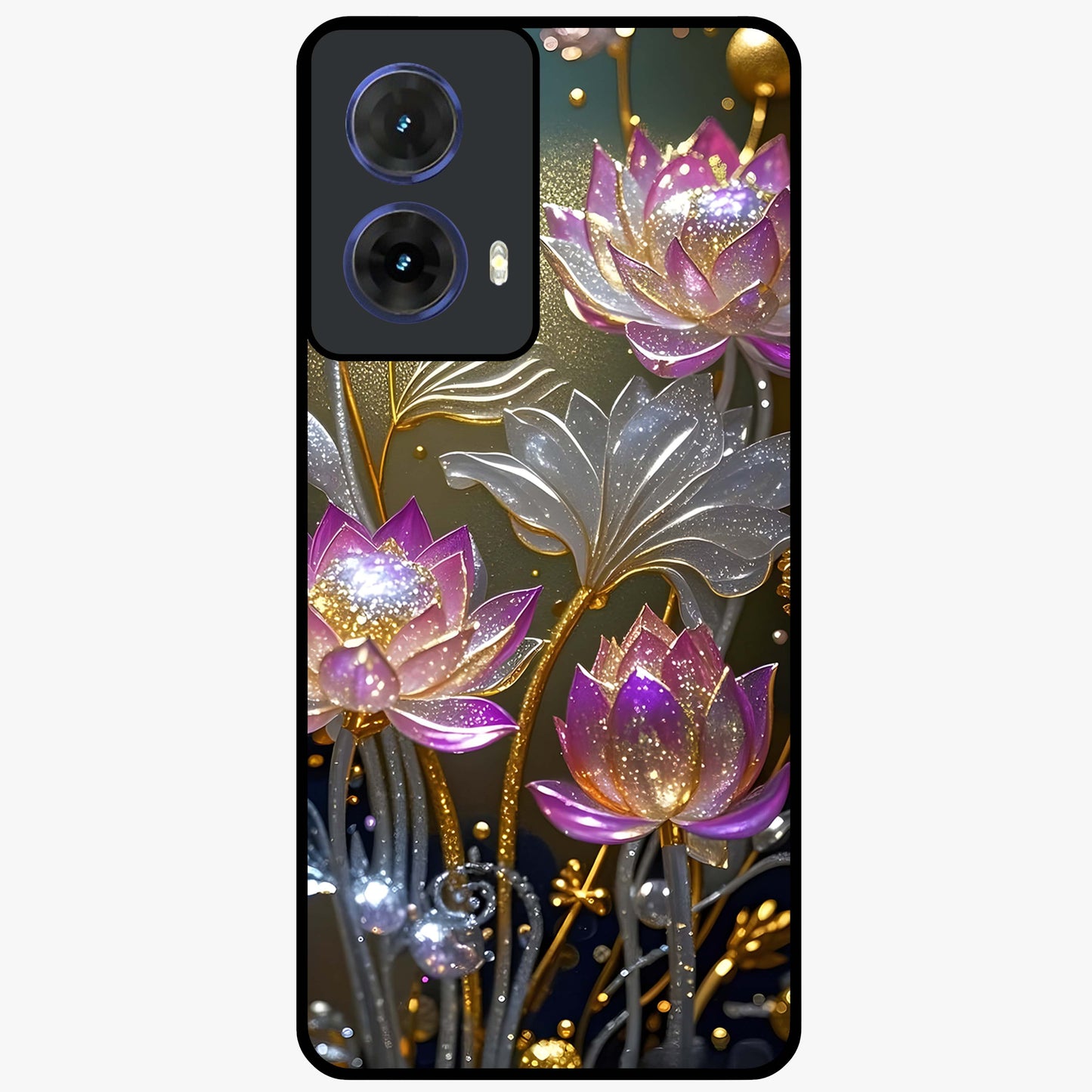 Golden Lotus Glow Glass Case showing flat back view with glowing lotus flower artwork and glossy glass finish.