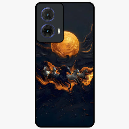 Golden Stallion Moonride Glass Case showing flat back view with majestic horse under moonlight artwork and glossy glass finish.