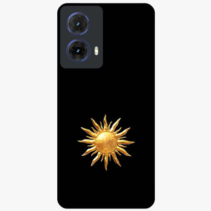 Golden Sun Minimalism Glass Case showing flat back view with minimal golden sun artwork and glossy glass finish.