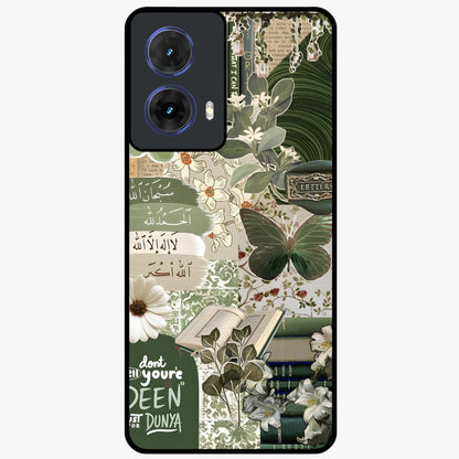 Green Islamic Books Quotes Glass Case showing flat back view with Islamic quotes and book themed artwork and glossy glass finish.