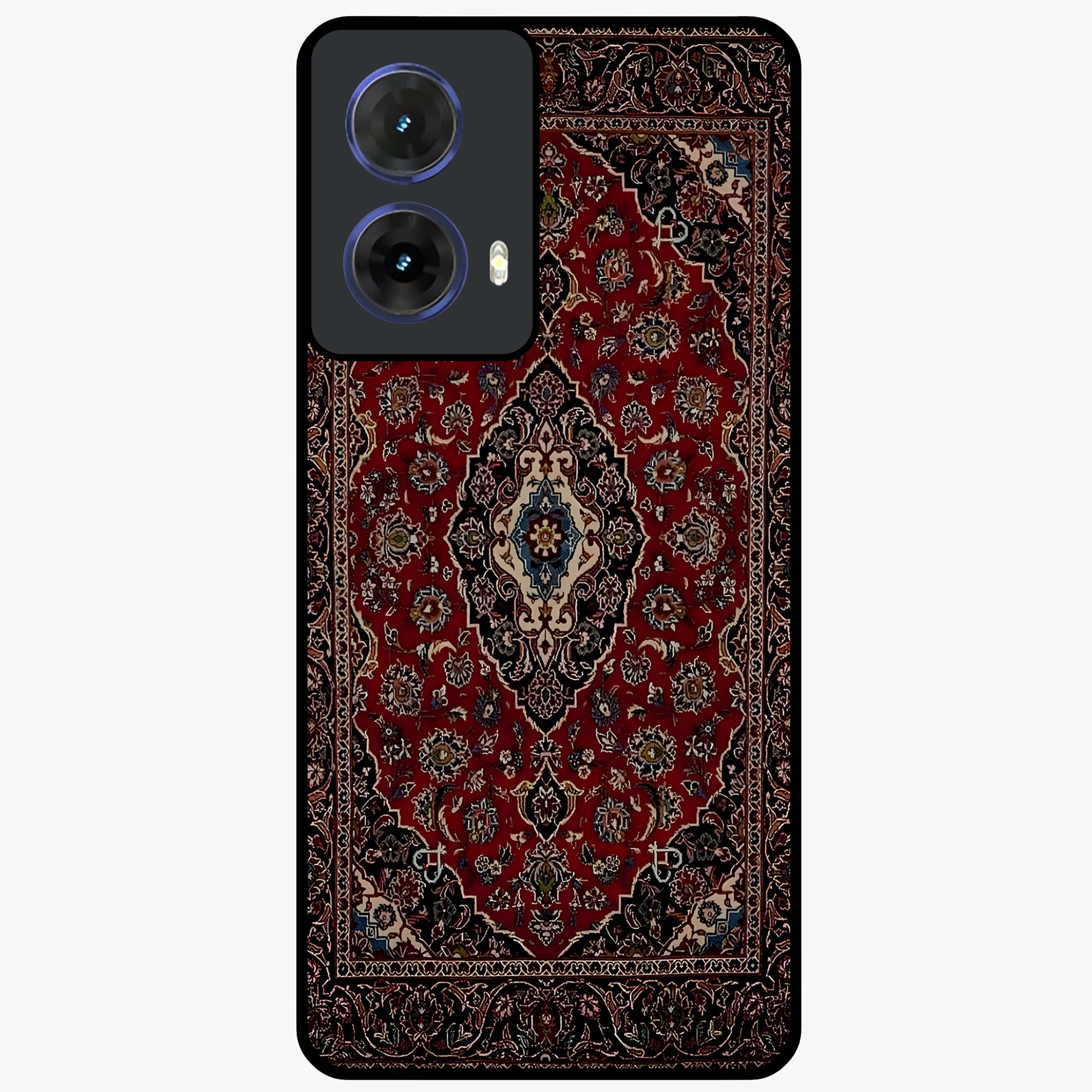 Heritage Carpet Royale Glass Case showing flat back view with ornate Persian carpet inspired pattern and glossy glass finish.