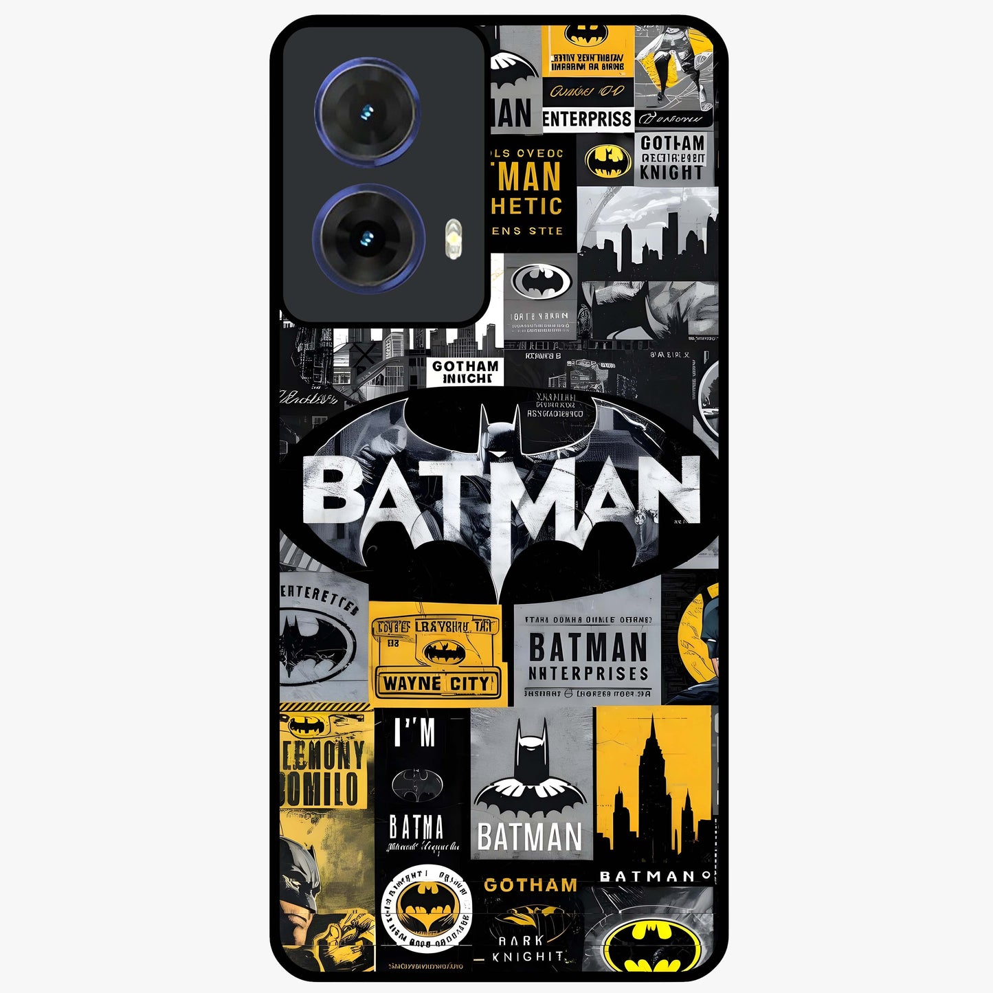 Knight Gotham Rise Glass Case showing flat back view with dark hero inspired artwork and glossy glass finish.