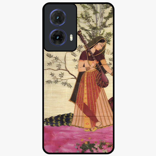 Lady With Veena Art Glass Case showing flat back view with elegant woman playing veena artwork and glossy glass finish.