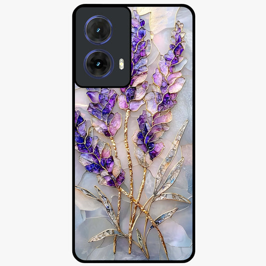 Lavender Dream Glow Glass Case showing flat back view with glowing lavender aesthetic artwork and glossy glass finish.