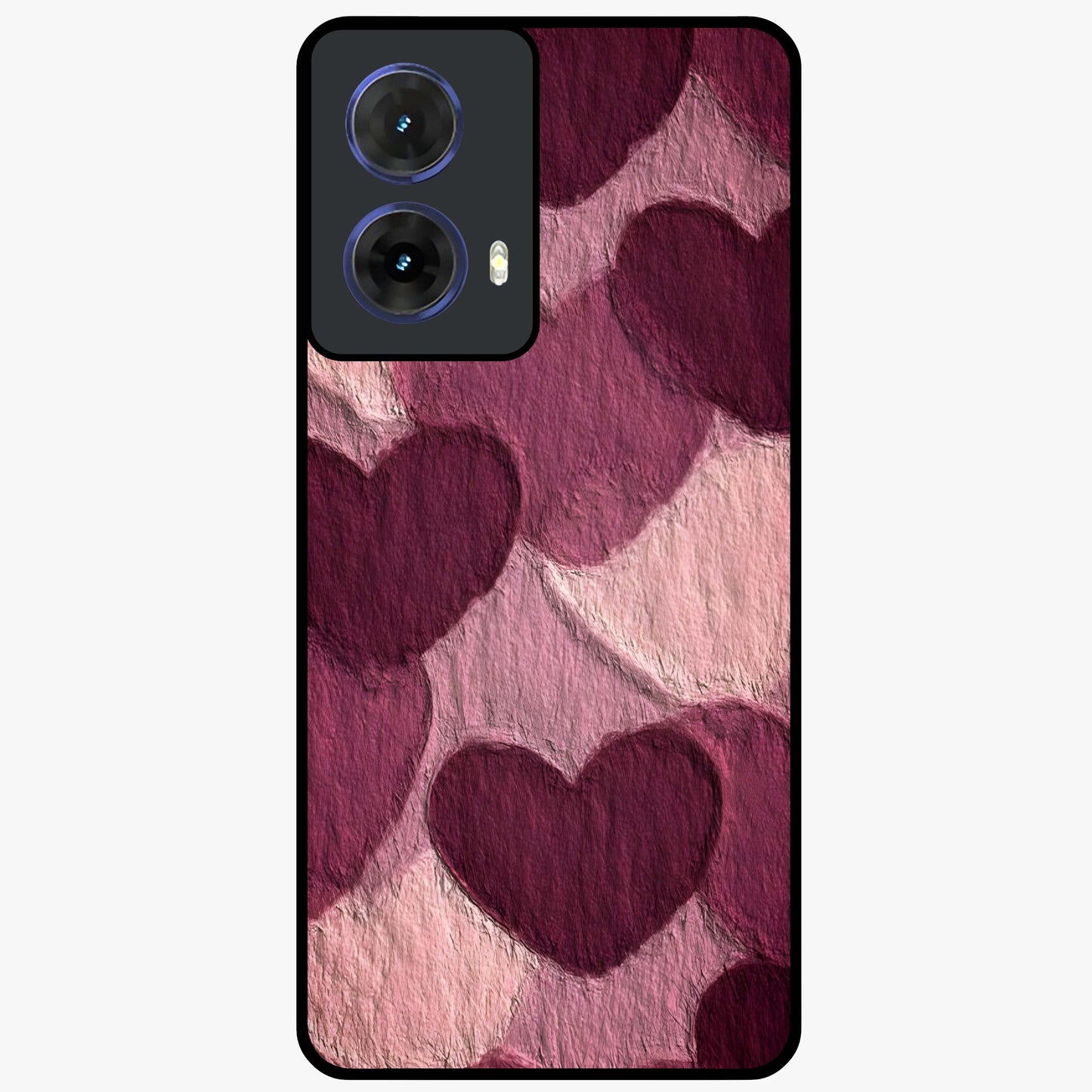 Layered Paper Hearts Glass Case showing flat back view with layered paper heart artwork and glossy glass finish.