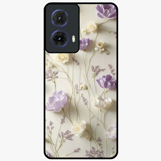 Lilac Breeze Harmony Glass Case showing flat back view with soft lilac themed artwork and glossy glass finish.
