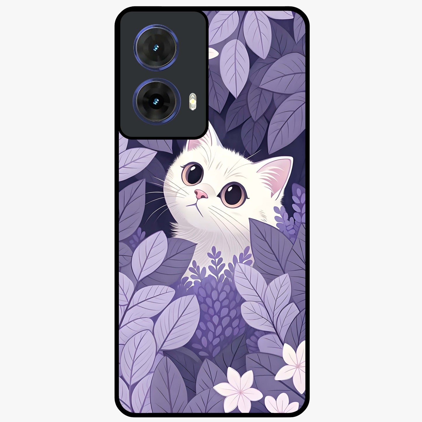 Lilac Hide Peek Cat Glass Case showing flat back view with cute peeking cat artwork and glossy glass finish.