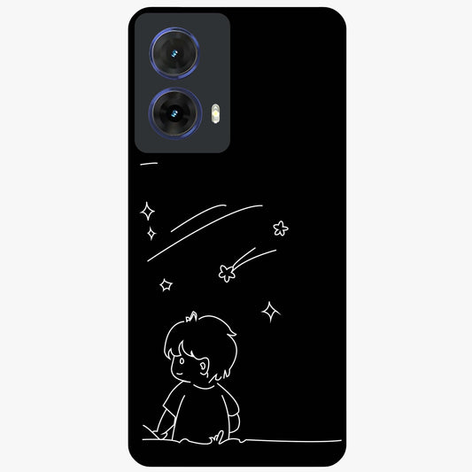 Line Art Boy With Shooting Stars Glass Case showing flat back view with minimal line art boy and shooting stars illustration and glossy glass finish.