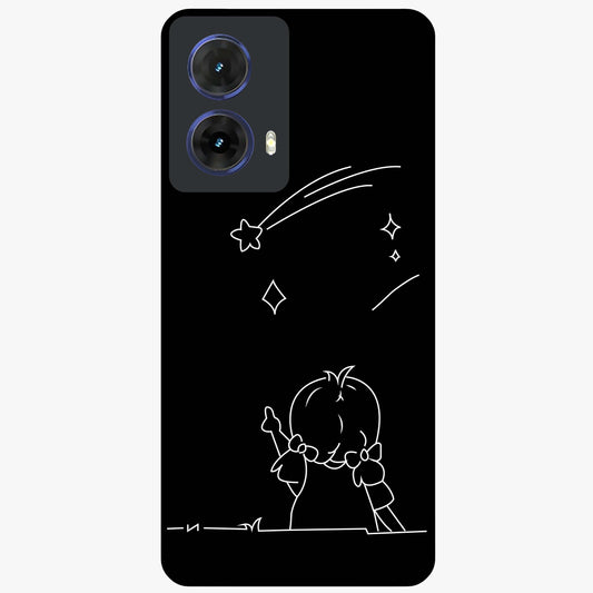 Line Art Girl With Shooting Stars Glass Case showing flat back view with minimal line art girl and shooting stars illustration and glossy glass finish.
