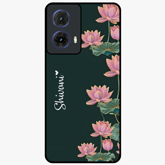 Lotus Bloom Serenity Custom Name Glass Case showing flat back view with elegant lotus flower artwork and personalized name design.