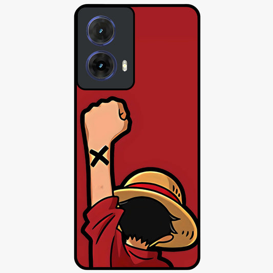 Luffy X Spirit Glass Case showing flat back view with bold anime character artwork and glossy glass finish.