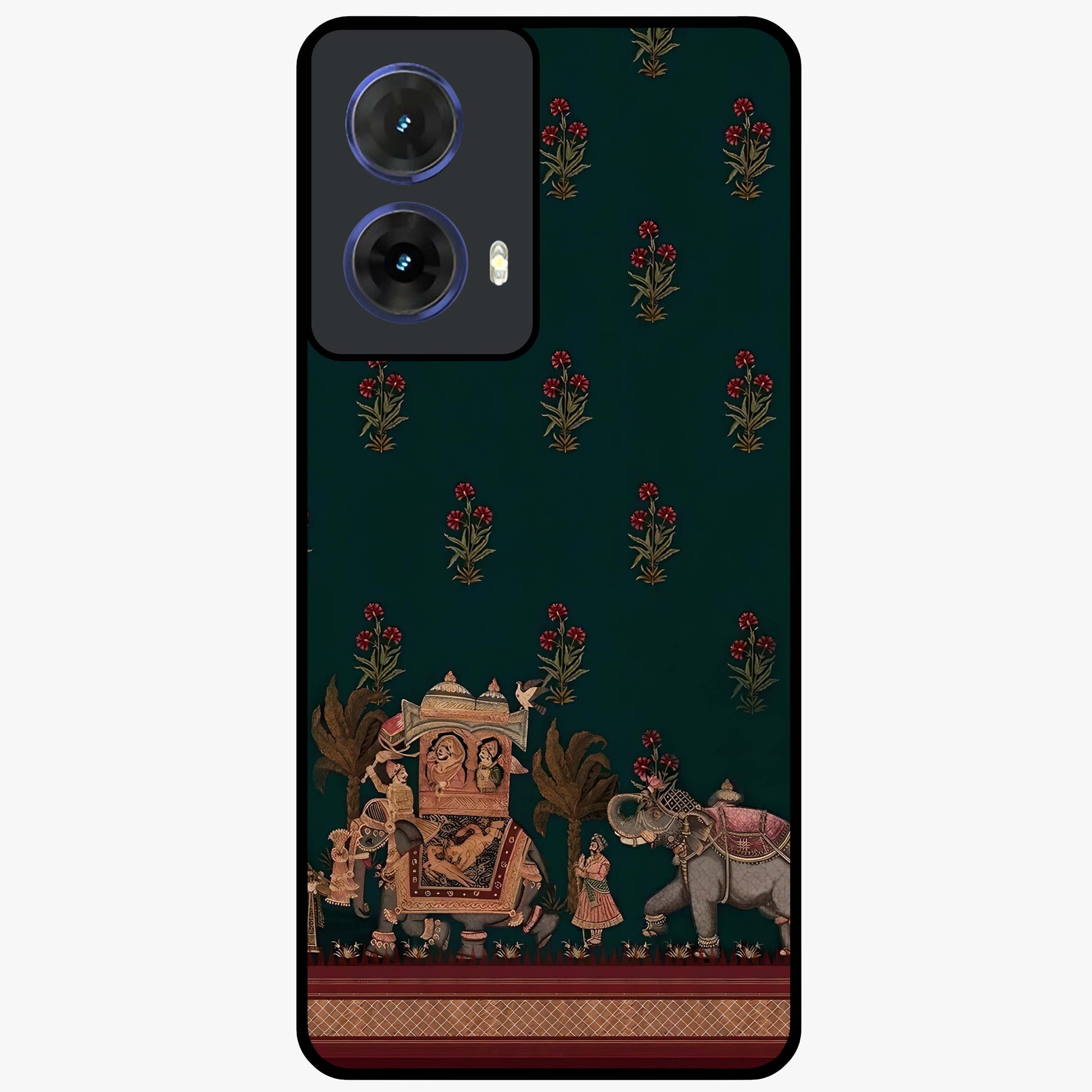 Macmerise Glass Case showing flat back view with stylish modern artwork and glossy glass finish.