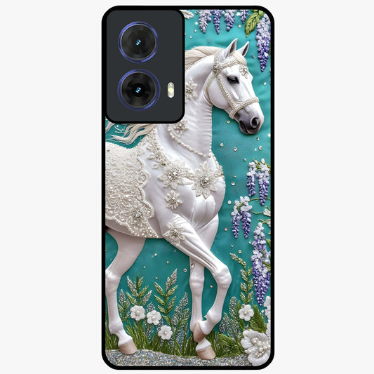 Majestic Floral Stallion Glass Case showing flat back view with powerful horse and floral artwork and glossy glass finish.