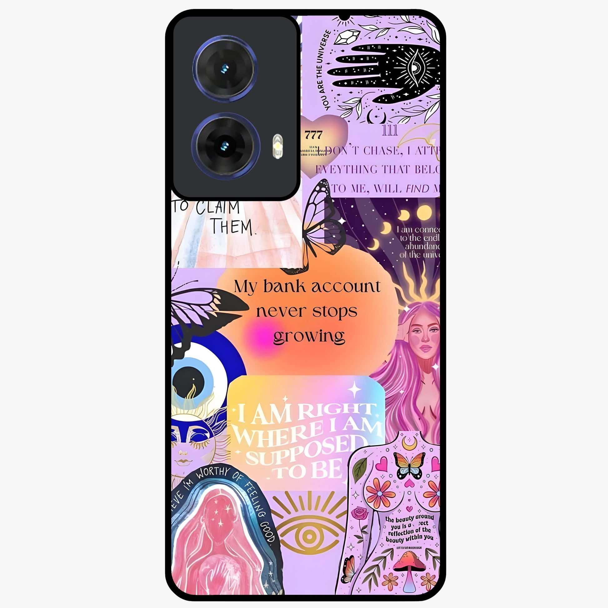 Manifestation Collage Glass Case showing flat back view with motivational collage artwork and glossy glass finish.