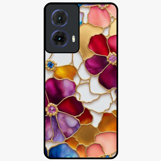 Marble Flower Pattern Glass Case showing flat back view with marble texture floral artwork and glossy glass finish.