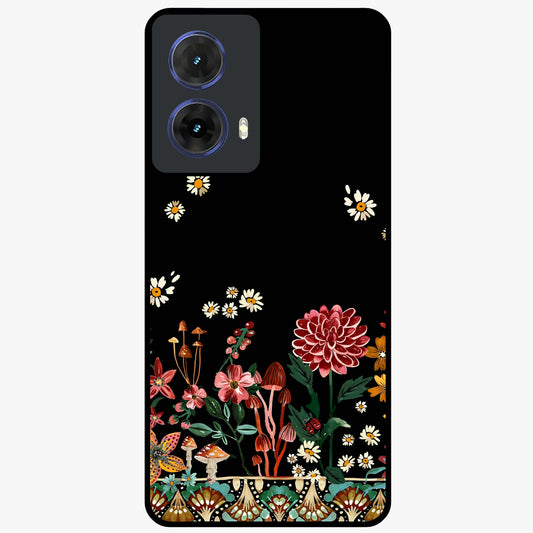 Midnight Bloom Pattern Glass Case showing flat back view with dark floral pattern artwork and glossy glass finish.