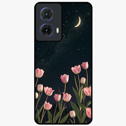 Midnight Tulip Whispers Vibe Glass Case showing flat back view with elegant tulip flower artwork and glossy glass finish.