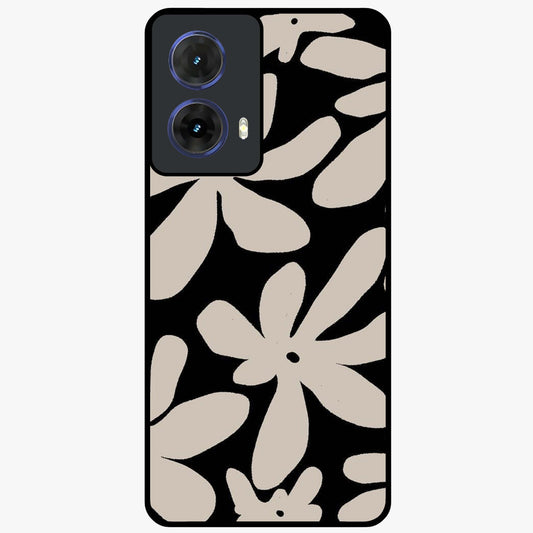 Monochrome Petal Dance Glass Case showing flat back view with monochrome floral artwork and glossy glass finish.