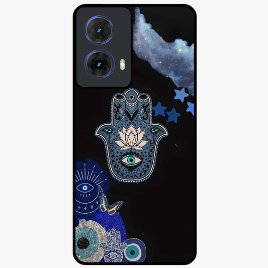Mystic Hand Aura Glass Case showing flat back view with mystical hand symbol artwork and glossy glass finish.