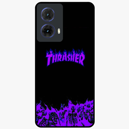 Neon Flame Riot Glass Case showing flat back view with neon flame artwork and glossy glass finish.