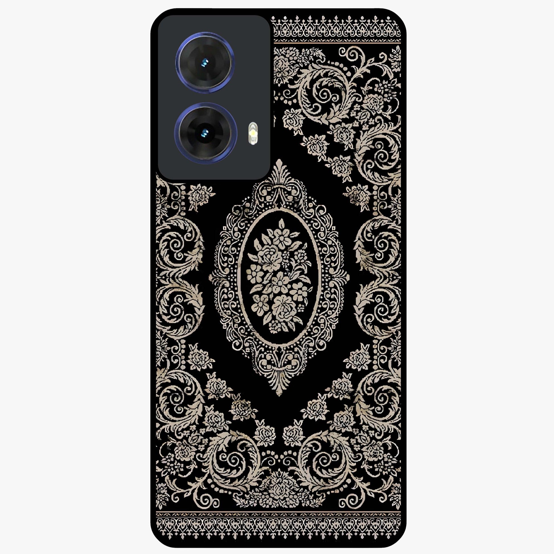 Noir Bloom Elegance Glass Case showing flat back view with elegant dark floral artwork and glossy glass finish.