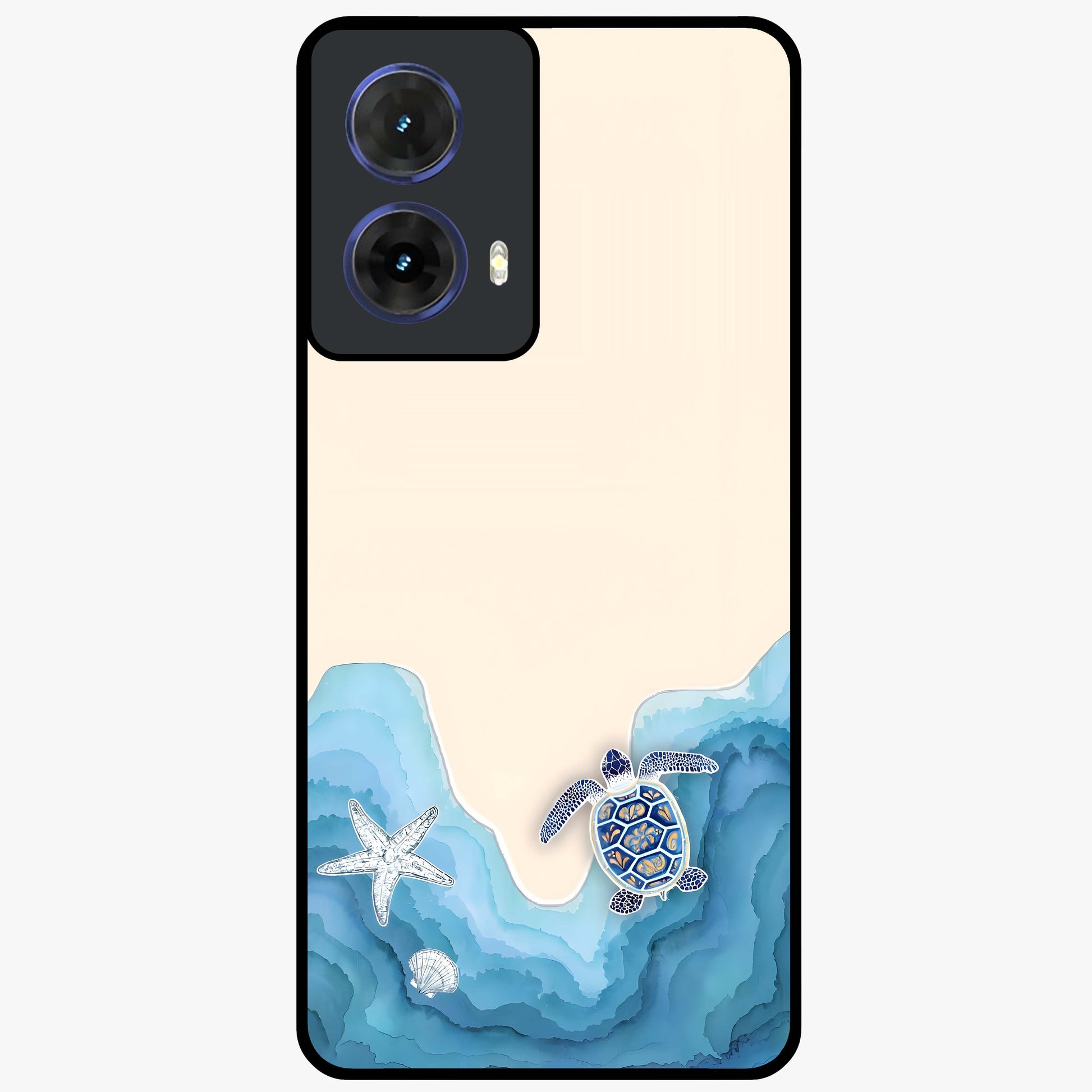 Ocean Drift Turtle Glass Case showing flat back view with sea turtle artwork and glossy glass finish.