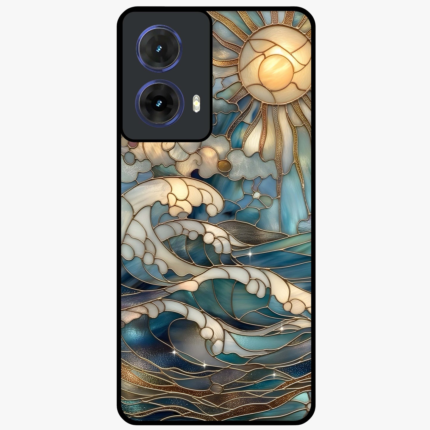 Oceanic Stained Printed Glass Case showing flat back view with ocean inspired stained pattern artwork and glossy glass finish.