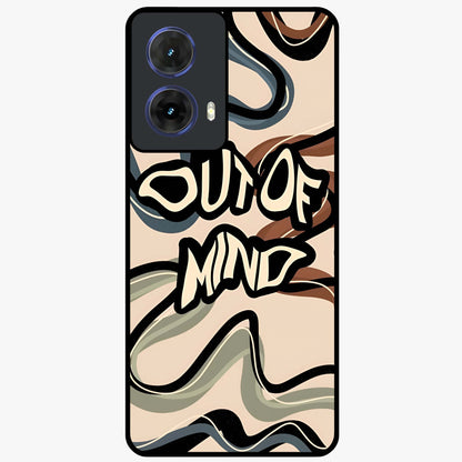 Out Of Mind Glass Case showing flat back view with expressive typography artwork and glossy glass finish.