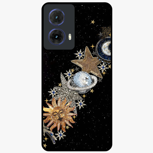 Pearls Universe Object Glass Case showing flat back view with pearl inspired cosmic artwork and glossy glass finish.