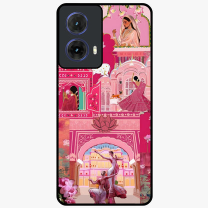 Pink Palace Muse Glass Case showing flat back view with elegant palace inspired artwork and glossy glass finish.