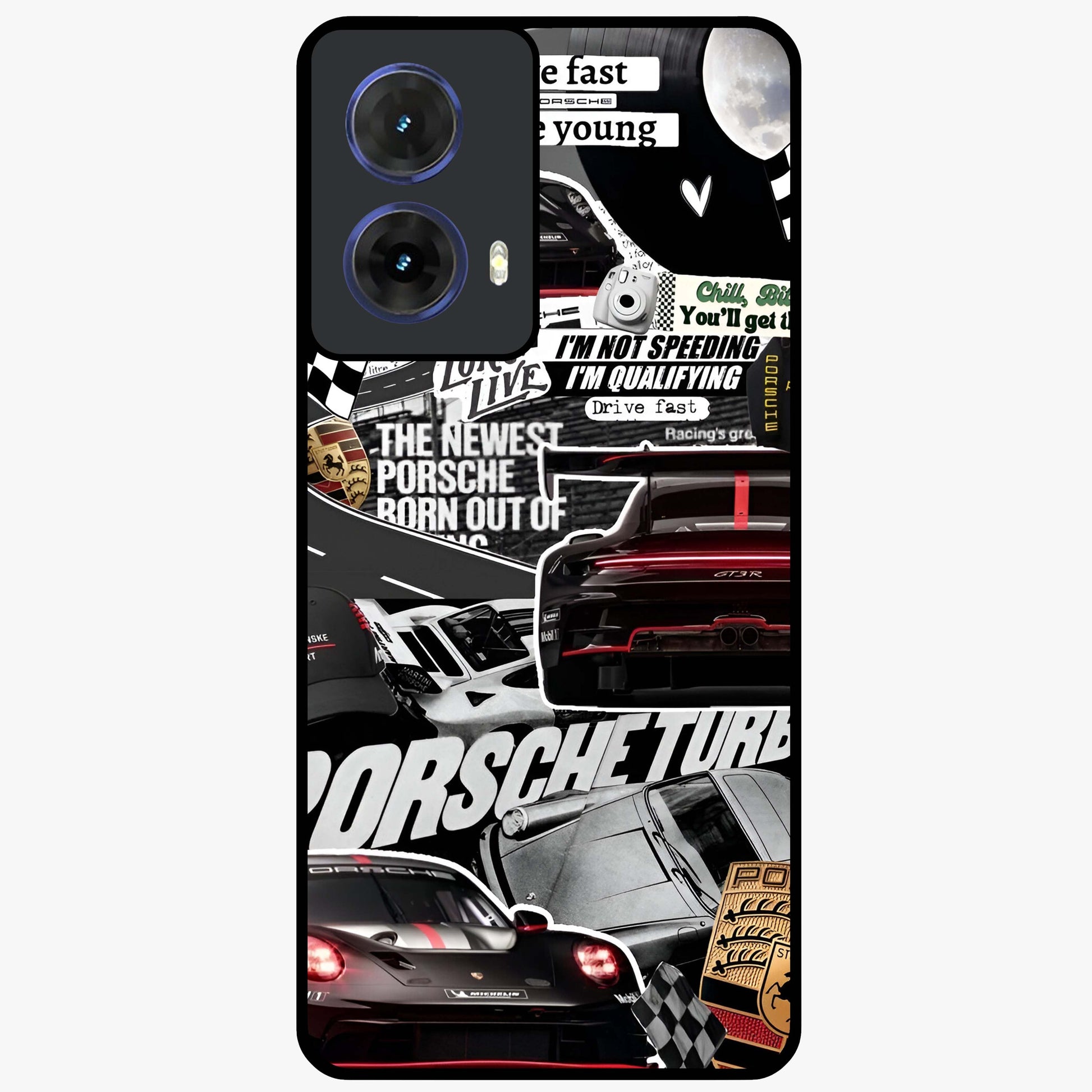 Porsche Racing Collage Glass Case showing flat back view with sports car racing collage artwork and glossy glass finish.