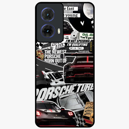 Porsche Racing Collage Glass Case showing flat back view with sports car racing collage artwork and glossy glass finish.