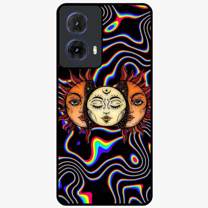 Psychedelic Sun Glass Case showing flat back view with colorful psychedelic sun artwork and glossy glass finish.