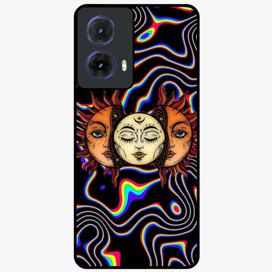 Psychedelic Sun Glass Case showing flat back view with colorful psychedelic sun artwork and glossy glass finish.