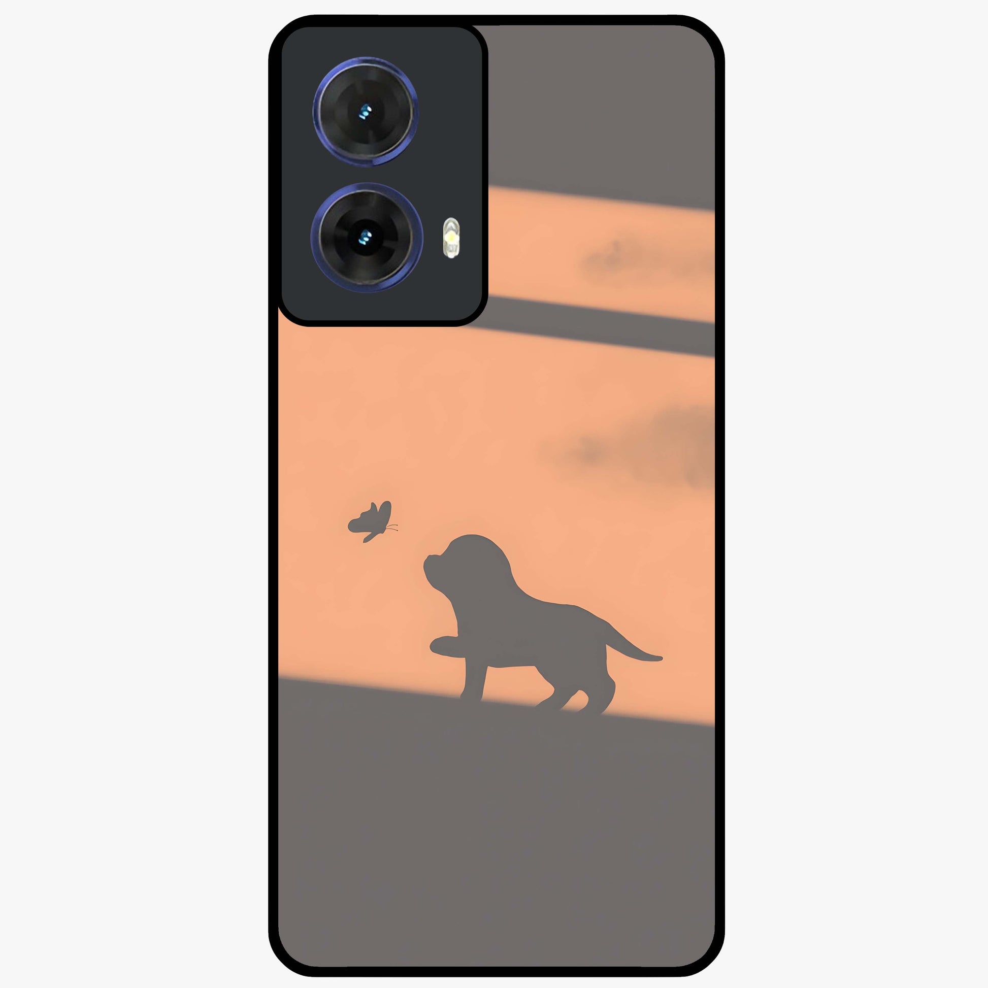 Puppy Shadow Art Glass Case showing flat back view with cute puppy shadow style artwork and glossy glass finish.