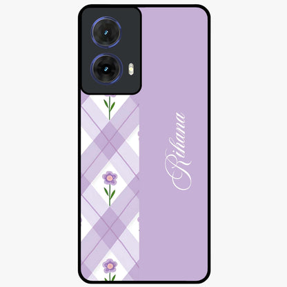 Purple Diamond Floral Glass Case showing flat back view with diamond shaped floral artwork and glossy glass finish.