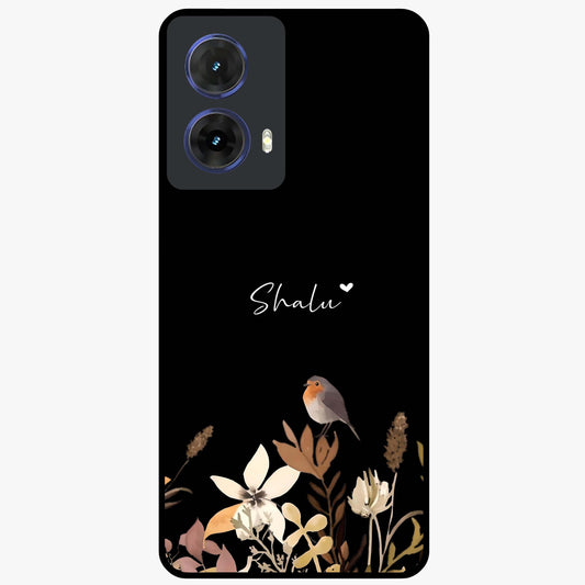 Quiet Garden Tune Custom Name Glass Case showing flat back view with peaceful garden artwork and personalized name design.