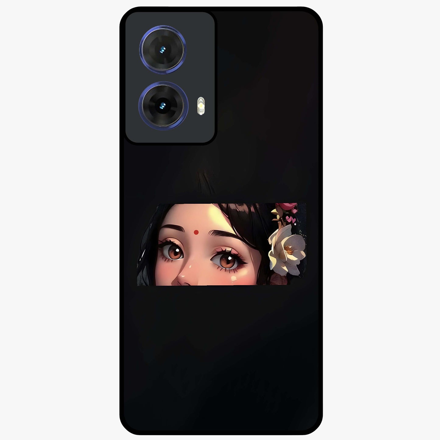 Radha Divine Embrace Glass Case showing flat back view with devotional Radha artwork and glossy glass finish.