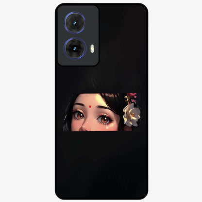 Radha Divine Embrace Glass Case showing flat back view with devotional Radha artwork and glossy glass finish.