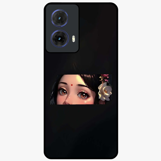 Radha Divine Embrace Glass Case showing flat back view with devotional Radha artwork and glossy glass finish.