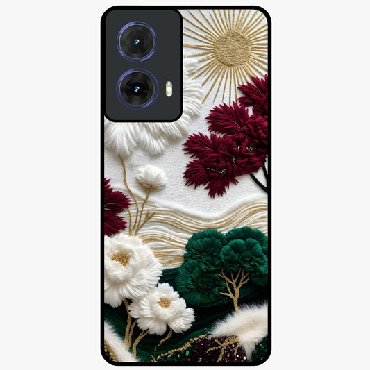 Radiant Bloom Elegance Glass Case showing flat back view with elegant blooming flower artwork and glossy glass finish.