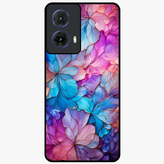 Radiant Floral Whirl Glass Case showing flat back view with swirling floral artwork and glossy glass finish.