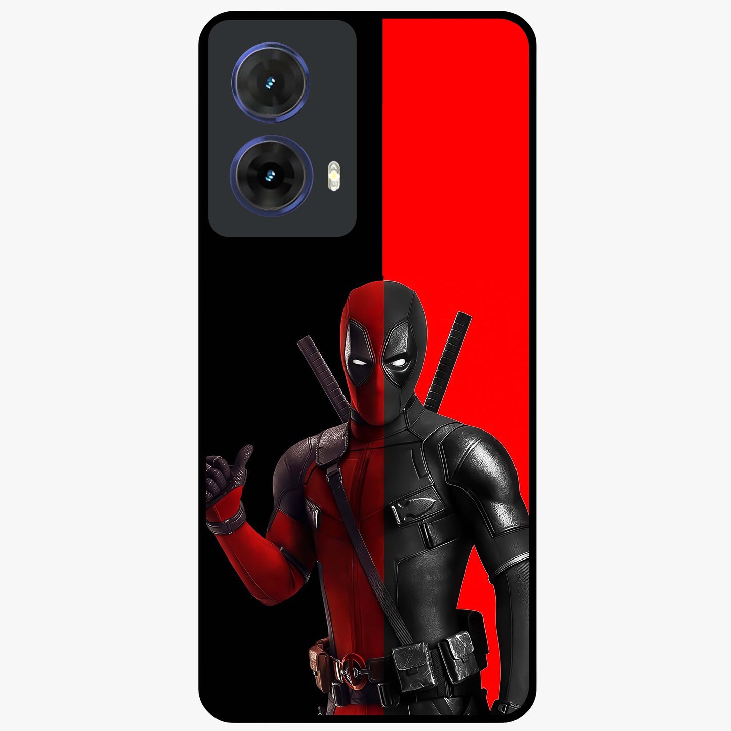 Red & Black Deadpool Theme Glass Case showing flat back view with bold comic inspired artwork and glossy glass finish.